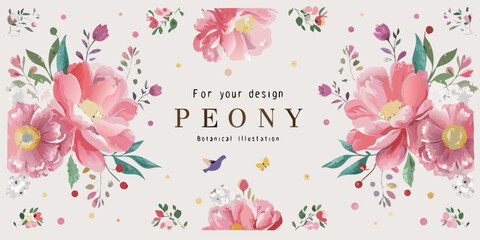Watercolor floral arrangement with pink peonies and botanical details © Indira