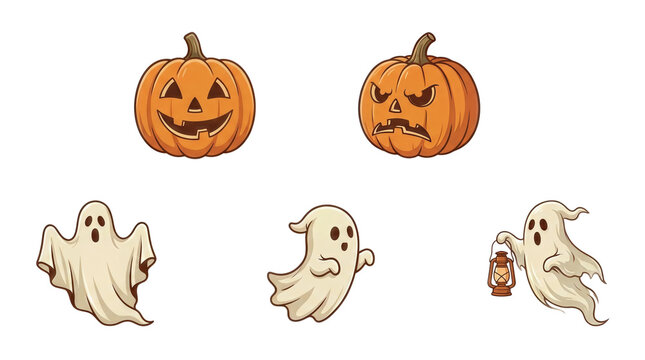 Cute Halloween clipart set of two carved pumpkins and three ghosts, one holding a lantern, in playful cartoon style on a transparent background