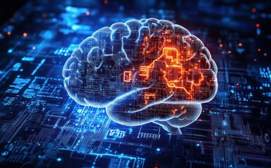 Obraz premium Glowing digital brain hologram above a circuit board with bright orange neural activity, futuristic intense technological visualization
