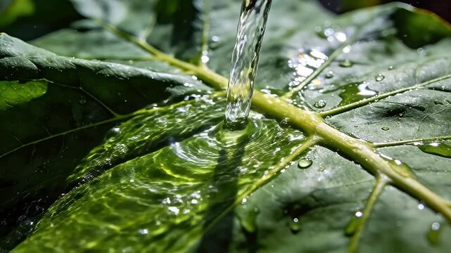 Water splashing on green leaf surface in nature
