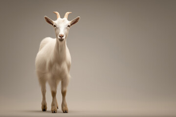 Fototapeta premium Calm White Goat with Curved Horns Standing Facing Forward on Neutral Beige Background Subtle Symbolic Portrait