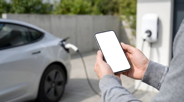 Man holding mobile phone with empty screen mockup checking electric vehicle charging status via app.
