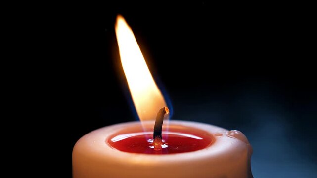 A lit candle with a vibrant flame against a dark background