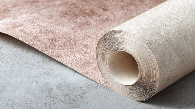 Roll of brown textured wallpaper material.