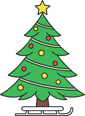 Fototapeta premium Classic Christmas Tree Adorned with Red and Yellow Ornaments Resting on a Sled