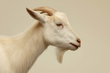 Fototapeta premium Realistic white goat side profile facing left, detailed head with curved horns and beard, soft neutral beige background, clean studio farm animal portrait photography