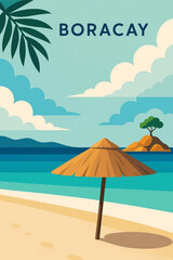 Fototapeta premium Boracay Philippines Tropical Beach Flat Design Travel Illustration - Scenic Island Coast Vector Art