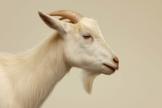 Realistic white goat side profile facing left, detailed head with curved horns and beard, soft neutral beige background, clean studio farm animal portrait photography