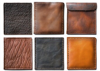 Fototapeta premium six leather swatches and a small leather pouch arranged in a neat grid showing varied textures and warm tones, evoking craftsmanship and rustic warmth