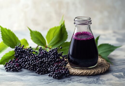 glass bottle of deep purple elderberry juice with fresh elderberry clusters and green leaves on a rustic rope coaster, inviting natural still life