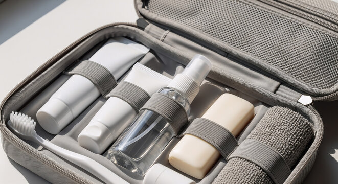 An organized travel toiletry kit featuring a 2 oz spray bottle alongside essential personal care items packed securely for convenient airline travel trips