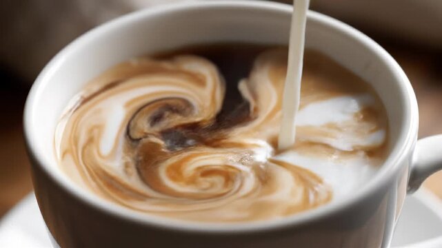 A steaming cup of latte coffee.