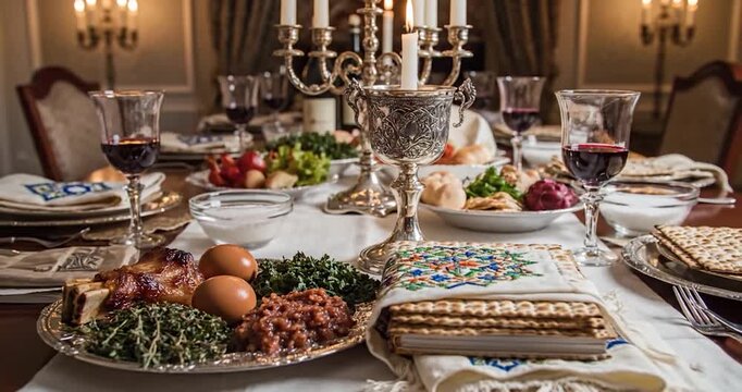Traditional Passover Seder plate and Matzah bread served on dining table