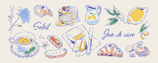 Naklejka premium Coquette breakfast in blue and yellow sketch color set. Cute italian food as lemon, croissant, pancakes and butter with coffee cup as warm brunch meal. Vintage cafe menu art for bakery, restaurant
