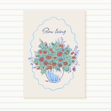 Whimsical blue flower vase menu card. Cute hand drawn doodle icon with Mediterranean bouquet as calm breakfast accent. Vintage cafe menu cover print for restaurant collection and cozy brunch food or