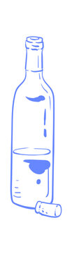 Cute coquette wine bottle icon in simple blue style. Whimsical drink symbol as playful party element. Hand drawn doodle bottle with cork and soft line art detail. Minimalist outline for cafe menu,