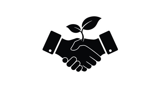 Two hands shaking in agreement, with a seedling growing from the handshake.