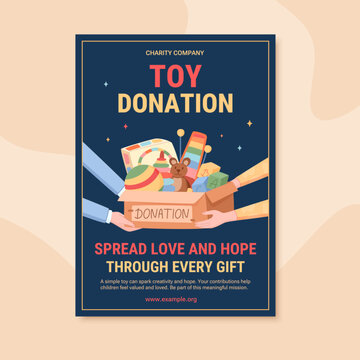 Toy donation box with child gift and hand help on dark blue background. Children charity poster show toy and box share as community support. Colorful flat cartoon graphic style for print media