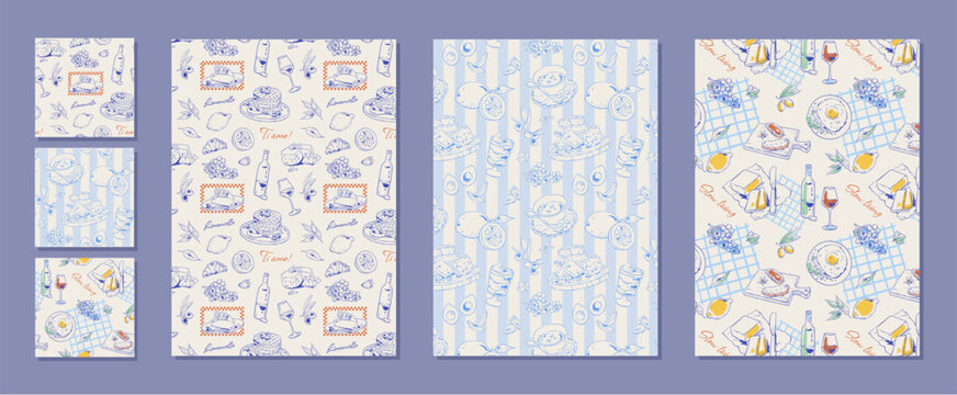 Hand drawn french breakfast pattern in blue and yellow seamless set. Vintage cafe food set with croissant, cheese, wine and bread as seamless background. Cute doodle icon sketch for brunch menu,