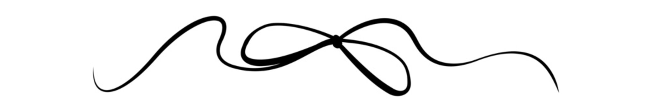 Coquette hand drawn ribbon bow ornament. Cute girly knot as romantic bow with wavy line and simple white decor. Elegant coquette element for invitation or vintage card and wedding party frame