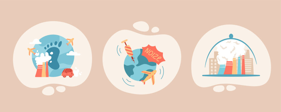 Cartoon eco planet concept with industrial pollution set. Airplane noise and carbon footprint on earth as green environment warning. Environmental emission icon set for ecology, climate and eco