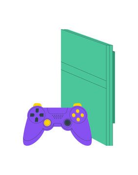 Retro console and gamepad in flat style. Purple joystick, classic controller and video game gadget for every player. Modern icon for videogame entertainment, digital fun retro hobby concepts.