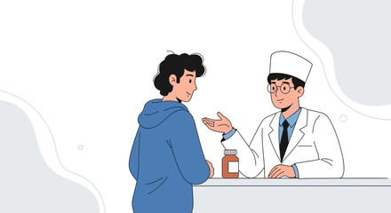 Obraz premium Doctor consulting patient at pharmacy counter with medicine bottle