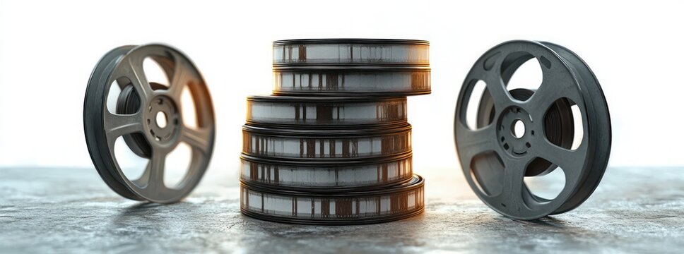 stacked vintage film canisters flanked by two metal film reels on a textured surface with warm backlight, evoking a nostalgic cinematic mood