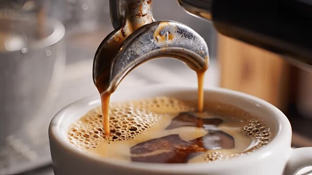 Fresh Espresso Pouring From Machine Into Cup Close Up.