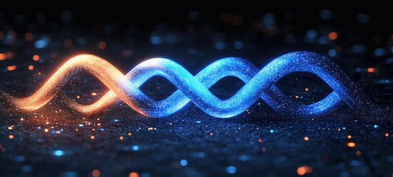 Two intertwined glowing helix strands, one blue and one orange, twisting above a dark sparkling surface, evoking dynamic energy and futuristic wonder