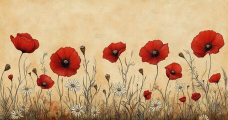 Naklejka premium field of red poppies and white daisies with slender stems and seed pods against a warm textured beige backdrop, evoking a peaceful nostalgic sunlit meadow scene