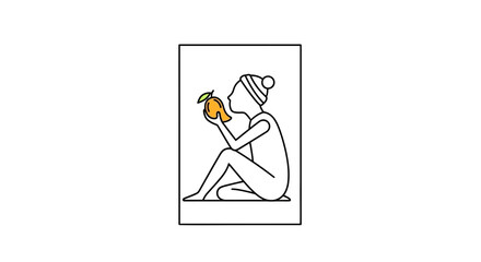 Fototapeta premium Minimalist line art of a person in a beanie holding a mango, sitting cross-legged