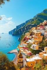 Fototapeta premium Vibrant sunlit cliffside coastal town with colorful terraced buildings, domed church, sandy beach and dozens of boats on turquoise sea beneath green mountains