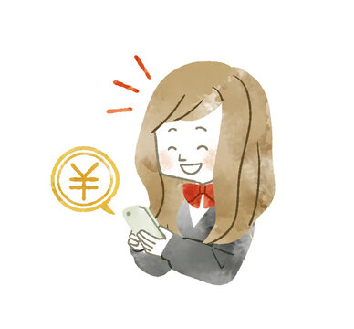 スマホでお金の確認をする女子学生-水彩