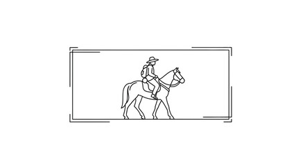 Fototapeta premium Line Art Rider on Horseback, Cowboy Hat, Backpack, Outdoor Adventure
