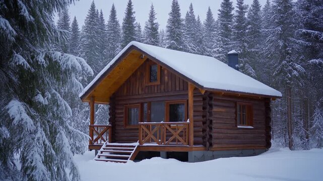 Rustic wooden log cabin nestled in a pristine, snow-covered forest, offering a serene and cozy winter escape amidst nature's tranquility and beauty