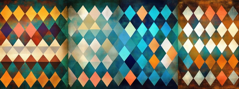 vibrant triptych of distressed diamond patterns in teal blue and orange with cream accents, abstract argyle grid conveying energetic rhythmic motion
