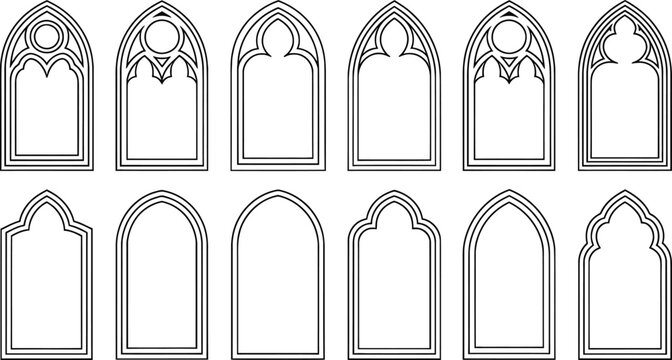 Decorative Medieval Window Frames with Gothic Cathedral Portal and Arch Borders