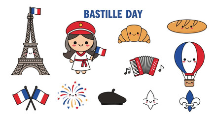 Bastille Day Kawaii Icons: Eiffel Tower, French Girl, Flags, Food, Hot Air Balloon © ANAK