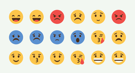 Obraz premium Collection of diverse emoji faces expressing various emotions on a clean background