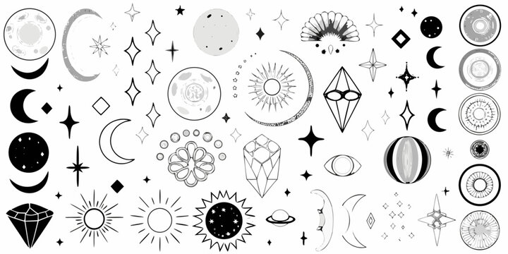 Celestial collection of moons stars planets and mystical symbols in black and white