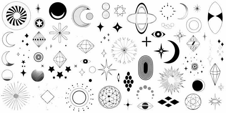 Abstract celestial shapes and symbols scattered on a white background