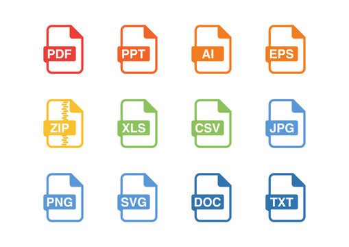 Colorful File Format Icons Set | PDF, PPT, AI, EPS, ZIP, XLS, CSV, JPG, PNG, SVG, DOC, TXT