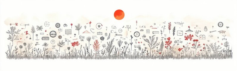 Obraz premium panoramic meadow of hand-drawn grasses, wildflowers and botanical sketches with a warm orange sun, calm whimsical mood