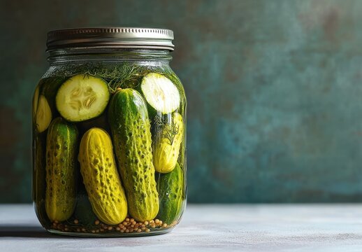 Homemade jar of pickled cucumbers in brine with dill sprigs and mustard seeds and metal lid on a tabletop against a textured teal background, fresh inviting nostalgic