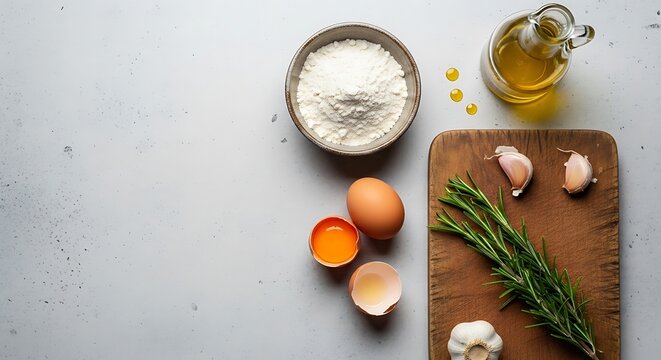 Flat lay of fresh cooking ingredients with flour, eggs, olive oil and rosemary
