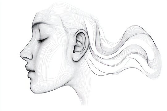 Monochrome minimal line illustration of a human ear and neck with flowing wave-like lines and a blank white rectangle covering the face, conveying calm attentive listening