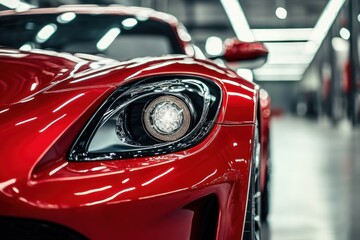 Close-up of a glossy red sports car headlight and hood in a sleek showroom, evoking speed, power and luxury