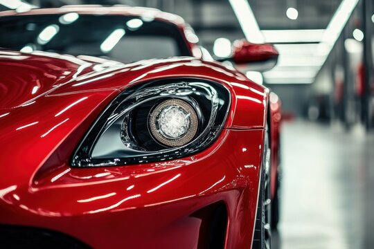 Close-up of a glossy red sports car headlight and hood in a sleek showroom, evoking speed, power and luxury