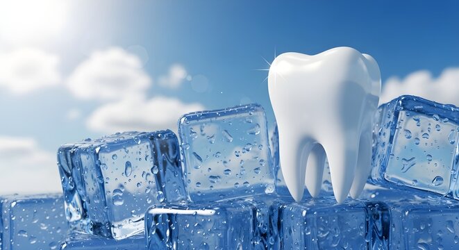 A pristine white tooth rises majestically from a landscape of shimmering ice cubes against a bright blue sky
